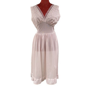 Vintage 70s Silky Nylon Midi Nightgown Sheer Pink & Lace Lingerie size 36 w/FLAW